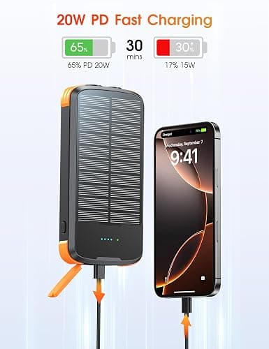 SOXONO Solar Charger Power Bank, PD 20W Fast Charging External Batter, 40000mAh Portable Phone Charger Built in 4 Cables with Dual Bright Flashlights for Camping, Hiking, and Outdoor Use thumbnail 4