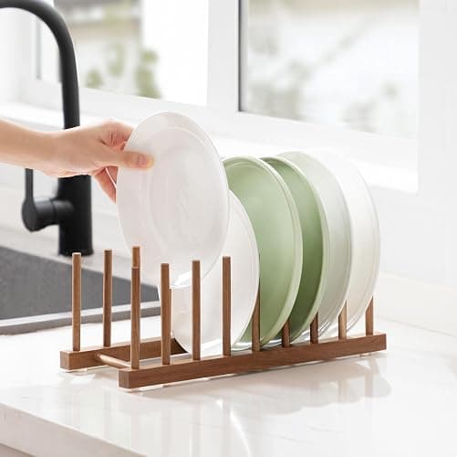 HBlife 2pcs Acacia Wooden Dish Dying Rack Pot Lid Plate Organizer Holder for Cabinet, Cutting Board Stand Drainer Storage Plate Rack for Dish, Pot Lid, Bowl, Cup, Cutting Board and Books thumbnail 2