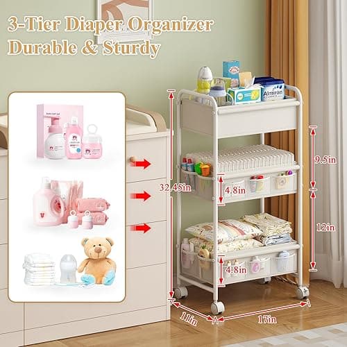 3-Tier Baby Diaper Caddy Cart Organizer,Mobile Nursery Organization with Wheels,with 2 Dividers & 14 Mesh Pockets Durable Metal Utility Cart for Nursery, Bedroom, Bathroom Essentials Organization - 17"Wx11"Dx32.45"H - White thumbnail 2
