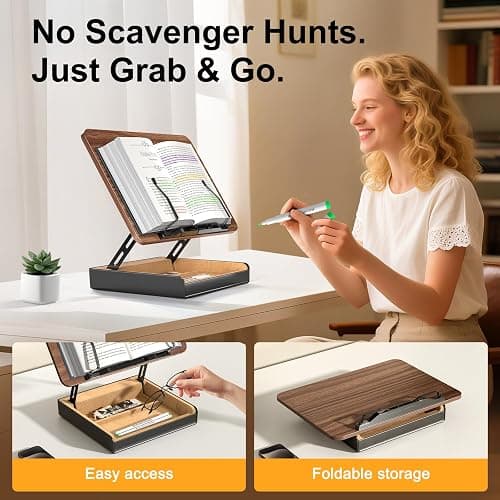 HUMANCOZY Book Stand with Storage, Book Holder for Reading Hands Free, Wooden Cookbook Stand for Kitchen Counter, Adjustable Reading Stand for Desk, Recipe Stand, Book Prop for Book Lovers thumbnail 5