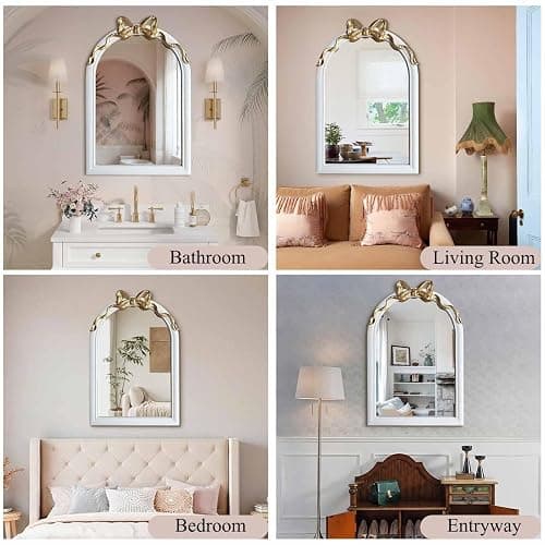 iyabat 36x24 Arched White Bow Wall Mirror with Gold Ribbon, Vintage Vanity Mirror for Bedroom & Nursery Decor, Cute Coquette Aesthetic Engineered Wood Frame, Shabby Chic Style thumbnail 4
