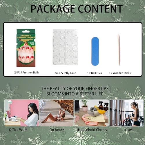 Christmas False Nails,24Pcs Square Stick on Nail with Red Hat Design, Short Press On Ballet Nude Pink Fake Nails with Glue Sticker for Women Gift (Red,Nude Pink,Hat) thumbnail 2