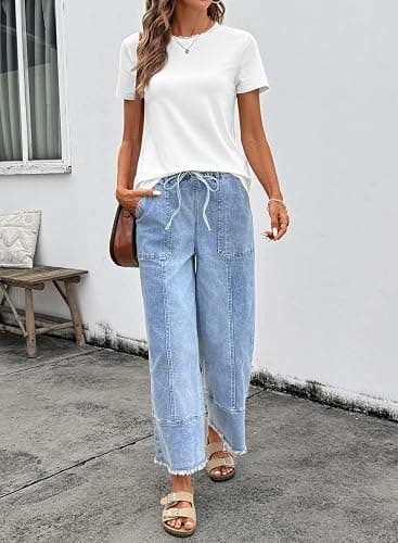 SHEWIN Women's Wide Leg Jeans High Waisted Baggy Jeans Stretchy Drawstring Denim Pants thumbnail 3
