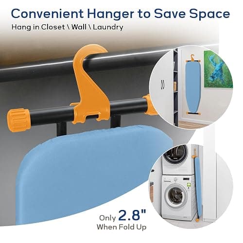 RAINHOL Compact Ironing Board Full Size 43x13 with Extra Thick Padded Cover, Height Adjustable Iron Board with Hanger, Easy to Fold Space Saver Design for Dorm Apartment Small Laundry Rooms, Blue thumbnail 7