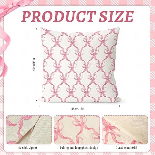 Lebsitey 4Pcs 18×18 Cherry Pillow Covers, Pink Bow Pillow Covers, Girls Room Decorative Pink Pillow Cover for Home Bedroom Living Room Decor Valentine's Day Gift thumbnail 3