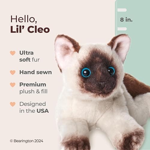 Bearington Lil’ Cleo Siamese Cat Plush - Cat Stuffed Animal - 8" Siamese Soft Plush Kitty Toy with Realistic Details and Floppy Body for Kids and Toddlers - Adorable Gifts for Kitten Lovers thumbnail 2