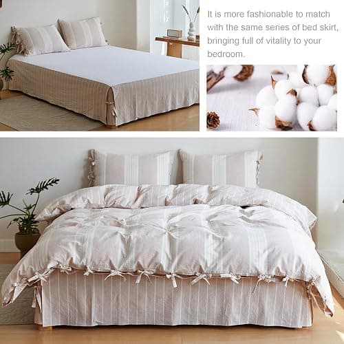 BISELINA Striped Duvet Cover Set 3pcs 100% Washed Cotton Linen Like Textured with Bowknot Bow Ties Strap Reversible Breathable Soft Comfy Chic Yarn Dyed Bedding (King, Cream Tan) thumbnail 5