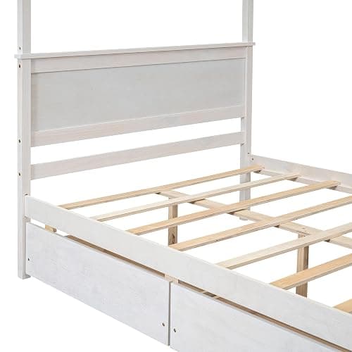 CITYLIGHT Canopy Bed Full Size with Drawers for Storage, Solid Wood Platform Bed with Headboard and 4 Poster, Brushed White thumbnail 7