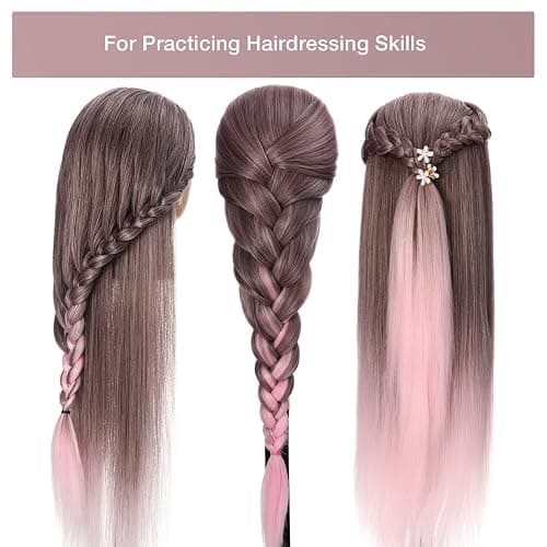 GUANJUNE Mannequin Head, Hairdressing Traning Head Hairdresser,26-28 Inch 100% Synthetic Fiber Cosmetology Doll Head with Clamp Holder+Hair Accessoires Set,Presents for Girls(Gradient Pink) thumbnail 5