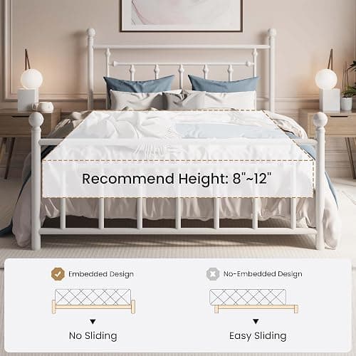 SHA CERLIN 14'' Full Size Metal Platform Bed Frame/Victorian Headboard and Footboard/Steel Slats Mattress Foundation for Storage/No Box Spring Needed/Noise Free/White - White - Full thumbnail 7