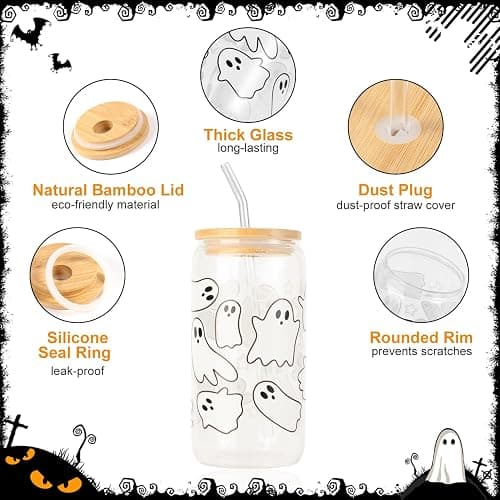 KMCCUMBER Halloween Ghost Fall Glass Cup with Lid Straw Gifts for Women | 16oz Ghost Fall Mug, Iced Coffee Glass Tumbler, Goth Teens girls Basket Stuffer for Halloween thumbnail 7