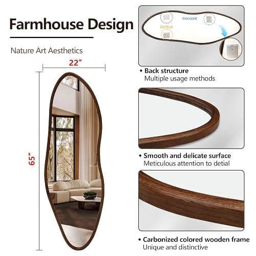 TheiaMo Irregular Full Length Mirror, 65"x22" Wooden Farmhouse Full Body Mirror, Large Asymmetrical Wall Mirrors for Living Room Entryway, Horizontal/Vertical, Walnut thumbnail 4