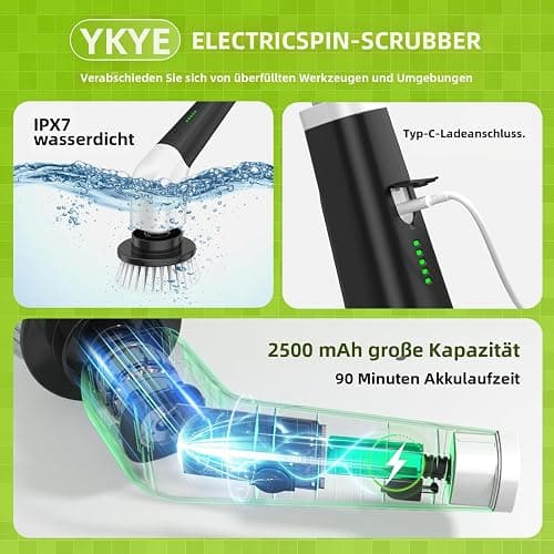 YKYI Elektrischer Reinigungsbürste,Spin Scrubber mit 8 Austauschbaren Bürstenköpfen,IPX7 wasserdichter,Schrubber für Badezimmer,Boden,Küche thumbnail 4