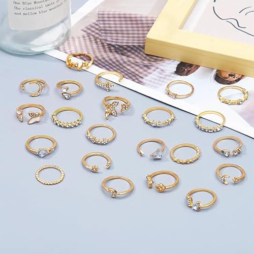 NEWITIN 45 Pieces/65 Pieces Gold Knuckle Rings Set for Women Stackable Ring Adjustable Boho Joint Finger Midi Ring Hollow Carved Crystal Stacking Rings Pack - Gold/45 Pieces thumbnail 4
