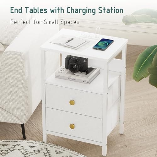 JOONEE White Nightstand with Outlet and LED Lights, Modern Bedside Table with Drawers, Small Night Table for Living Room, Bedroom thumbnail 5
