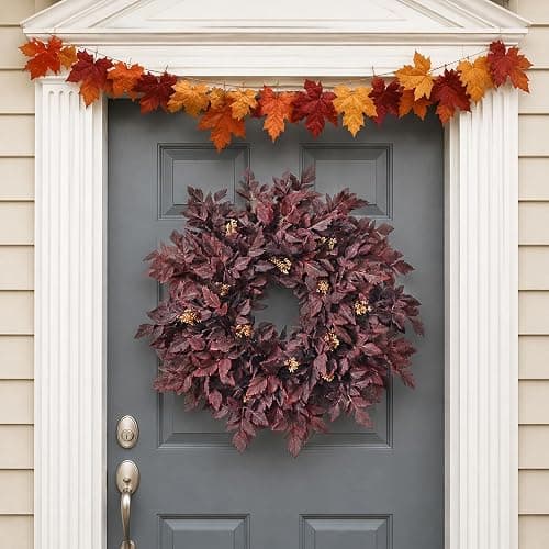 26" Artificial Cimicifuga Fall Wreath for Halloween Front Door(Dark Purple) | Realistic Large Fake Cimicifuga Leaf,Lush Faux Halloween Wreath,for Window Front Porch Outdoor Farmhouse Autumn Home Decor thumbnail 8