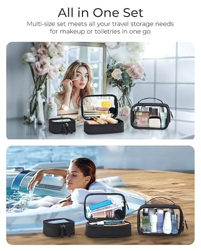 BAGSMART Double Layer Clear Makeup Bag, TSA-Approved Toiletry Bag, Large Opening with Handle, Cute Water-Resistant Travel Cosmetic Bag with Double Zipper for Car Essentials(Black) thumbnail 7