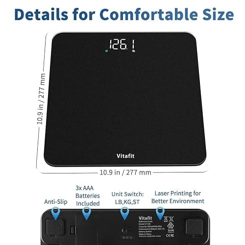 Vitafit Scale for Body Weight, Accuracy 0.1lb by Our Professional Scale Factory Since 2001, Digital Bathroom Weight Scale LED and Step On, 3xAAA Battery Included, 400lb/182kg, Spray Silver Black thumbnail 7