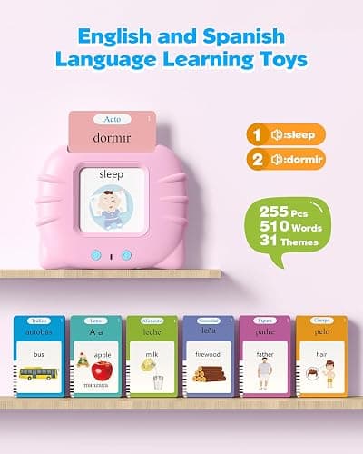 Airbition Bilingual Pink Spanish and English Talking Flash Cards, Pocket Speech Therapy Toy with 510 Words, Montessori Language Learning Toy, Children's Sensory Learning Kits thumbnail 2