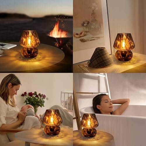 ONEWISH Mushroom Lamp Small Vintage Table Lamp for Bedroom Nightstand, Bedside Lamp Translucent Glass Stepless Dimmable, Murano Aesthetic Home Decor for Living Room Kitchen(Black) thumbnail 5