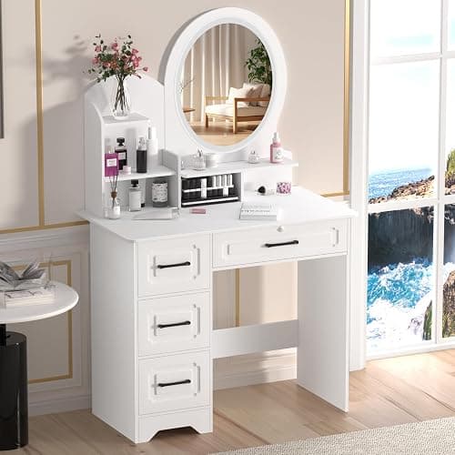 balurukt Vanity Desk with Sliding Mirror and Lights,Makeup Vanity Set with 6 Storage Shelves 4 Drawers Dressing Table for Bedroom Dressing Room Hidden Storage Space(White) White thumbnail 7