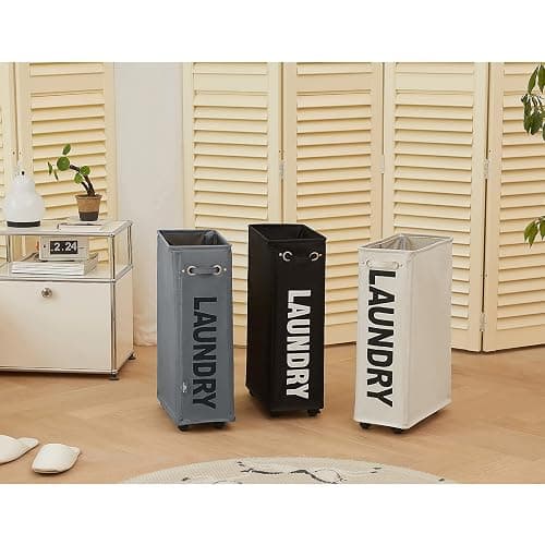 DOKEHOM 25-Inches Slim Laundry Basket on Wheels, Collapsible Rolling Laundry Hamper, Foldable Narrow Corner Clothes Storage Bins (Black) thumbnail 2