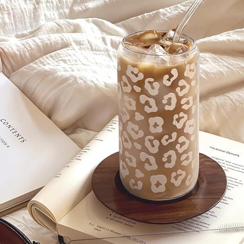 SANDJEST Leopard Glass Can, Beige Leopard Print Cup with Lid & Straw, Iced Coffee Aesthetic Cups, Gift for Christmas Birthday Mother Day, Gifts for Women, 16oz thumbnail 2
