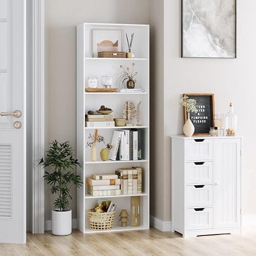 FOTOSOK 6 Tier Tall Bookshelf and Bookcase with Open Display Shelves, White | Industrial Tall Bookcases with Storage, Freestanding Book Shelf for Home Office, School Library , Living Room, Narrow Space thumbnail 2