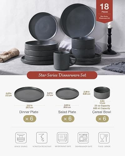 Richmount Star Plates and Bowls Set, 18 Pieces Dinner Sets for 6 People, Stoneware Dinnerware Sets with Dinner Plates/Salad Plate/Cereal Bowls, Dishwasher & Microwave Safe, Matte DarkCharcoal | Dinnerware includes dinner plates and bowls, is scratch resistant and microwave and dishwasher safe thumbnail 2