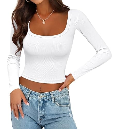 Ekouaer Womens Long Sleeve Square Neck Crop Top Ribbed Slim Fitted Going Out Y2K Tops Casual Basic Shirts Tee - Image 1