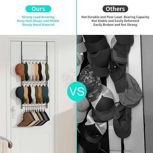 HapiRm Over Door Hat Rack - 3 Tier Wall Mounted Hat Organizer with 16 Hooks and 10 Movable Clips, Baseball Cap Organizer Storage Holds up to 26 Caps for Door, Bedroom, Closet USPTO Patent Pending thumbnail 3