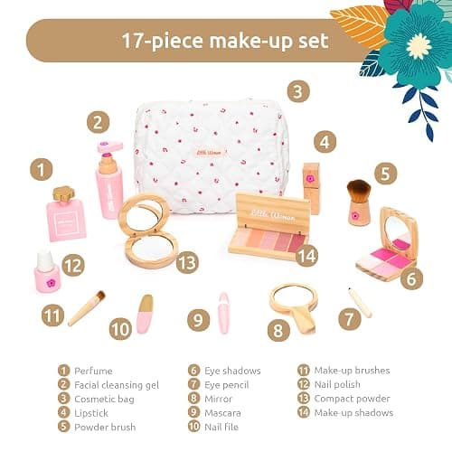 UMU® Wooden Pretend Makeup Kit for Toddlers – Realistic Toy Beauty Set for Girls with Lipstick, Mirror, Perfume, Powder & Cosmetic Bag – Play Makeup for Kids Ages 3 4 5 6 thumbnail 6
