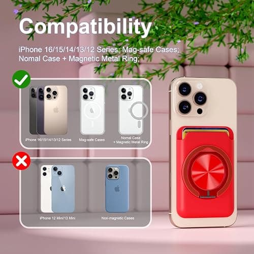 BOXDXB Magnetic Phone Card Holder, with 360° Rotatable Ring Holder Kickstand, Strong Magnetic Phone Wallet Stand Compatible with iPhone 17/16/15/14/13/12 Series for Women, Men, Red thumbnail 2