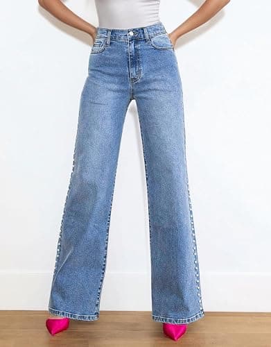 Kedera Women's High Waisted Jeans Stretchy Pearl Beaded Jeans Wide Leg Casual Denim Trousers Y2K Trendy Baggy Pants thumbnail 6