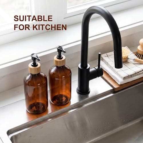 KASUNTING Amber Soap Dispenser Plastic, Brown Dish Soap Dispenser with Bamboo Pump for Kitchen,17 Fl Oz Hand and Dish Dispenser Set for Bathroom, Farmhouse Liquid Soap and Lotion Dispensers Bottle thumbnail 7