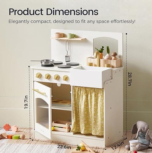 Tiny Land Toddler Kitchen Playset, Wooden Play Kitchen Set Toy with Cutting Food & Cookware, Oven, Clicking Knobs, Stove and Sink, Small Toy Kitchen Gift for Kids, Girls & Boys - Cream thumbnail 2