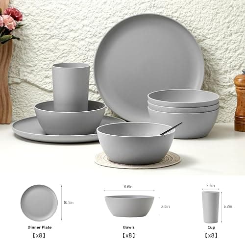 YARRGGU 24-Piece Dinnerware Set, Service for 8, Unbreakable Plates and Bowls Set, BPA-Free, Dishwasher Safe, Gray Tableware for Kitchen, Party and Picnic thumbnail 3