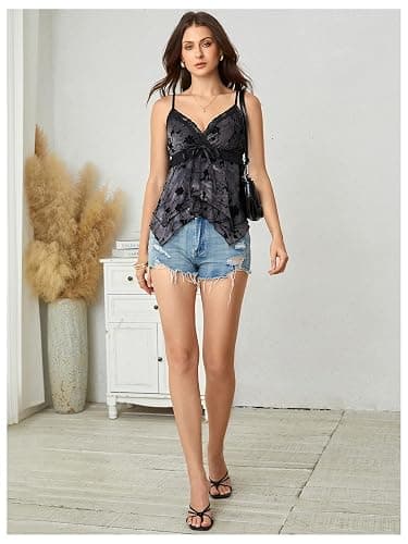 Verdusa Women's Y2K Tops Babydoll Tops Summer Tank Tops Going Out Tops Floral Lace Mesh Tops Whimsical Clothes thumbnail 5