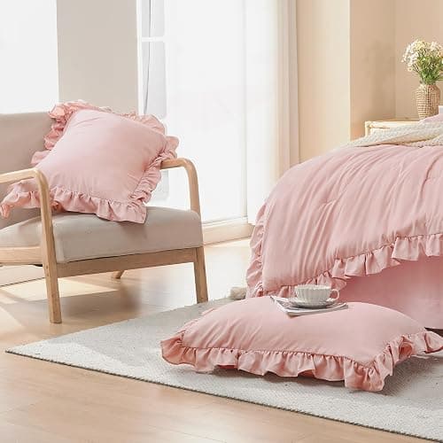 Litanika Full Size Comforter Sets, 3 Pieces Blush Pink Ruffle Girls Women Cute Bedding Comforters & Sets, Lightweight Fluffy Microfiber as Gift (79x90In Comforter & 2 Pillowcases) thumbnail 8