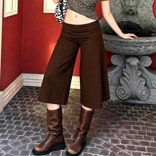 Women Fold Over Gaucho Pants Y2k Wide Leg Low Rise Cropped Lounge Capris thumbnail 5