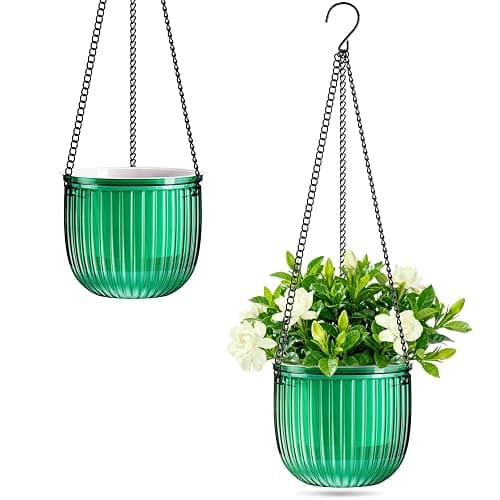 Halatool 2 Pack Self Watering Hanging Planters for Indoor Plants - 6.5 Inch Outdoor Hanging Flower Pots with 2 Metal Chains for Garden Home Wall Decor (Peacock Green) - Image 1