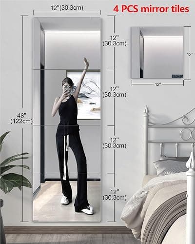 Shatterproof Wall Mirror Full Length for Bedroom, Acrylic Gym Mirrors For Home, Extra Thick: 0.12 inch, 12 x 12 inch x 4 Pcs, Workout Mirrors Safe for Kids, Over The Door, Long Wall Mounted thumbnail 2
