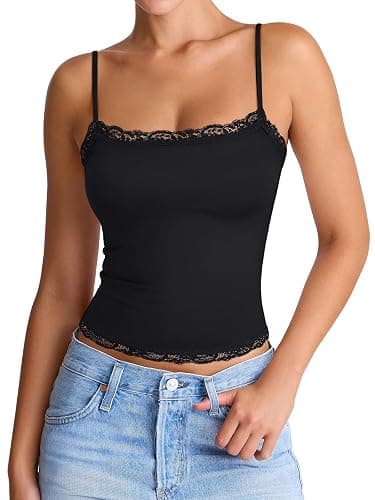 PINKMSTYLE Women's Sexy Square Neck Lace Cami Tank Tops Fitted Double Lined Sleeveless Crop Spaghetti Strap Summer Y2k Tops - Image 1