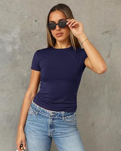 Abardsion Women's Casual Basic Going Out Crop Tops Slim Fit Short Sleeve Crew Neck Tight T Shirts 2025 thumbnail 3