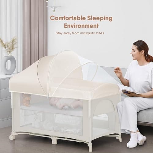 Obee Odee 4 in 1 Baby Bassinet, Pack and Play, Bedside Crib Sleeper, Diaper Changer - Comes with Mattress, Mosquito Net, Bottom Storage and Toy Bar for Newborn to Toddles thumbnail 5