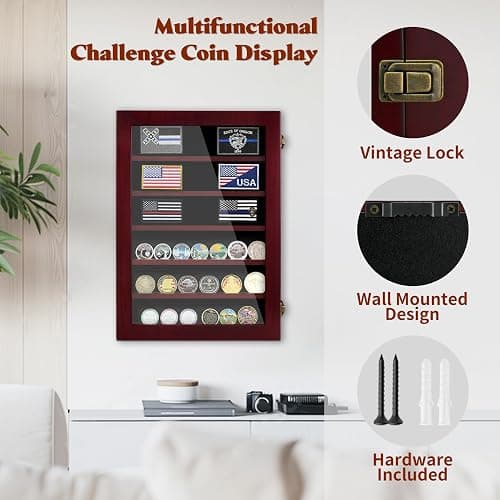 ASmileIndeep Military Challenge Coin Display Case 6 Rows Wooden Army Coin Holder with HD Tempered Glass Lockable Coin Wall Dsplay Box with Removable Shelves, Red thumbnail 7