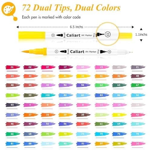 Caliart 72 Colors Double Tip Brush Pens Art Markers, Artist Fine & Brush Pen Coloring Markers for Adult Book Cards Drawing Craft Kit Teacher Office Supplies thumbnail 3