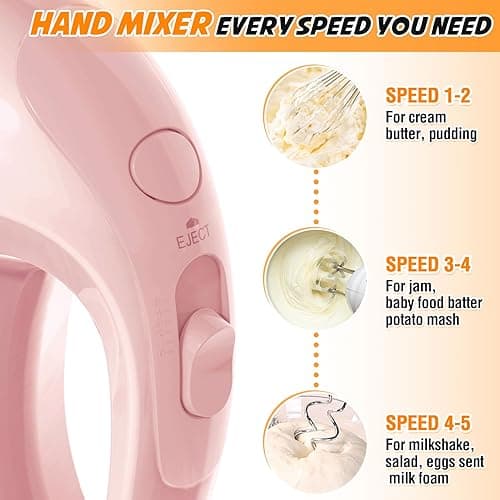 Handmixer Electric Handheld - 7 Speed Portable Kitchen Mixer Electric with 5 Stainless Steel Accessories Whisk, Food Beater for Whipping Mixing Cookies Cakes Eggs, Pink thumbnail 5