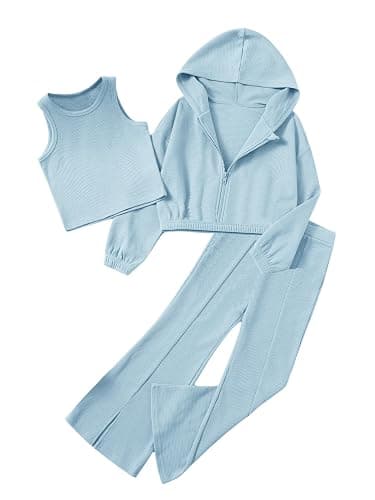 Floerns Girls Long Sleeve Hoodie Tank Split Flare Pants Set Three Piece Outfit - Image 1