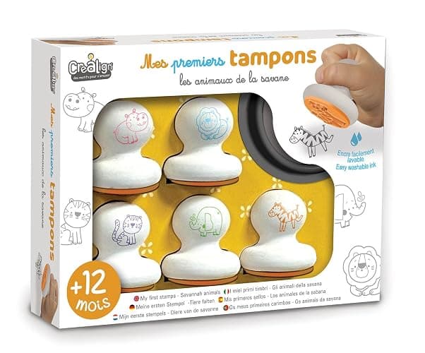 Créa Lign | Mes Premiers Tampons Animaux de la Savane | Coffret Créatif pour Tout-Petits dès 12 Mois | 5 Tampons en Mousse + 1 Encreur Lavable | Développe la Motricité Fine et la Créativité - Image 1